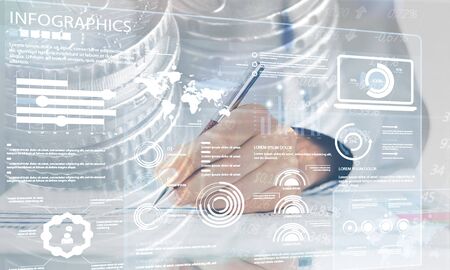 Business analysis, investment, modern technology concept. Double exposure, businessman analyzing...