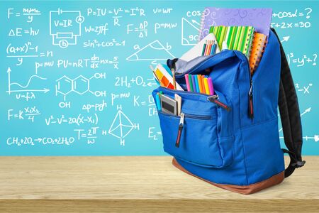 Blue  School Backpack on background.の写真素材