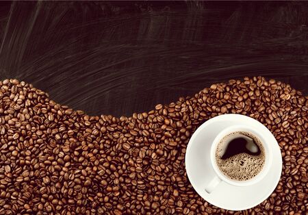 A cup of black coffee with scattered roasted coffee beans on dirty black table with coffee stains background, top view. Americano coffeeの写真素材