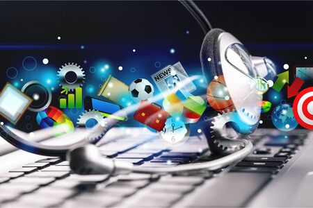 Computer headphones with laptop  on background