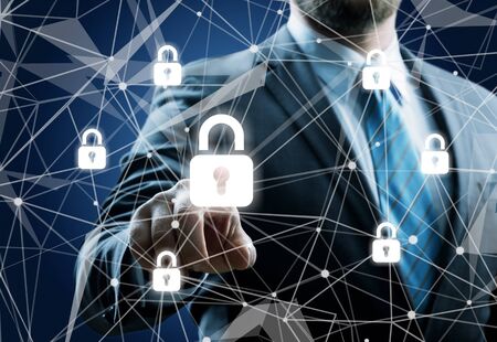 cybersecurity concept, cyber security shield button withの写真素材