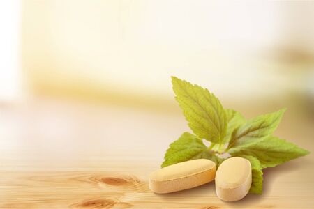 Organic pills with mint leaves on  backgroundの写真素材