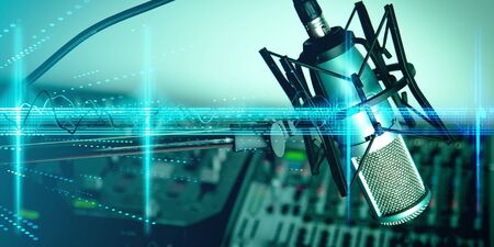 Microphone and  digital studio mixer  on background
