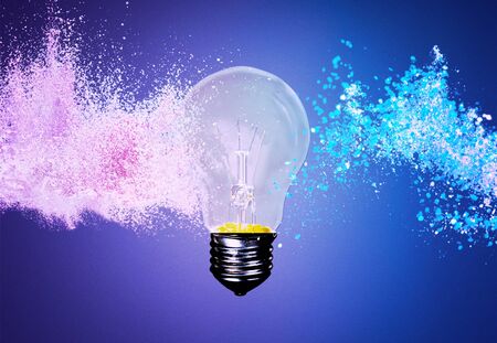 High speed studio photography, moment of the impact of a bullet on a classic electric bulb. Detail of glass explosion, blue and purple lighting. Concept of obsolete energy.
    
    - Imageの写真素材