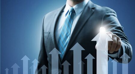 Business development to success and growing growth concept. Businessman pointing arrow graph...
