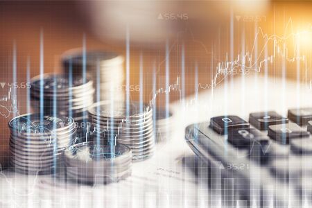 Saving Account Book from Bank for Business Finance with pen,  calculator and coinの写真素材