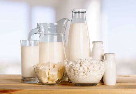 Glass of milk and Dairy products onの写真素材