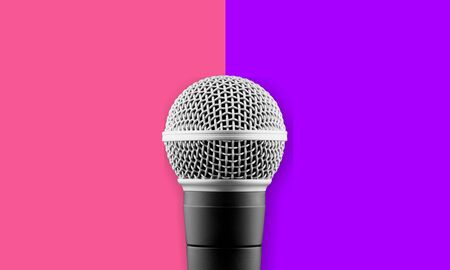 Flat lay of retro microphoneの写真素材