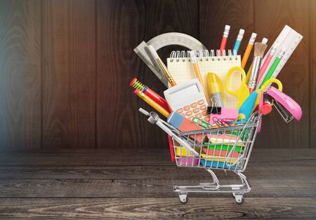Stationery objects in mini supermarket cartの写真素材