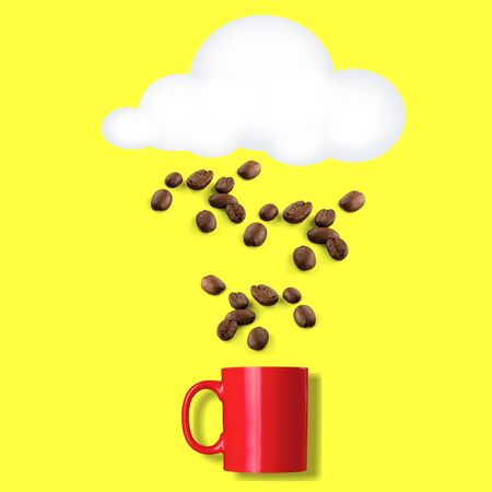 Coffee beans in shape of rainy cloud with purple cup on yellow background. Weather concept.の写真素材