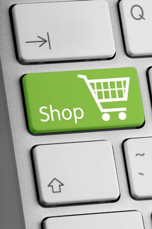 Green Bottom Shop on a Laptop - Close Upの写真素材
