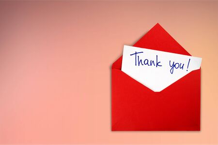 Blank card and envelope with thank you on backgroundの写真素材
