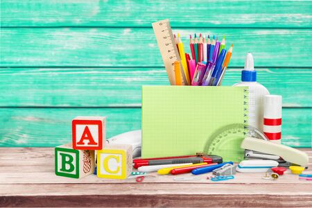 Blue  School Backpack on background.の写真素材