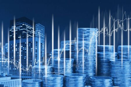Financial investment concept, Double exposure of city night and stack of coins for finance investor, Forex trading candlestick chart economic , ECN Digital economy, business.の写真素材