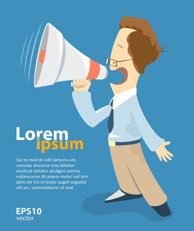 Young smart man promoter holding megaphone loudspeaker. Creative concept. Promotion business illustration. Funny character style. Website, social media, online shop promotion illustration.のイラスト素材