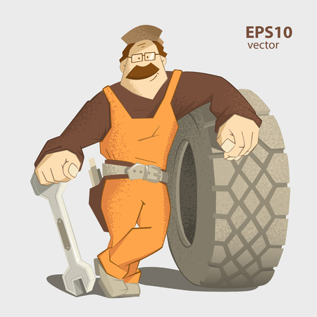 Car tire tyre service illustration. Strong smile man holding wrench and big wheel.のイラスト素材