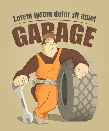 Car tire tyre service illustration poster. Strong smile man holding wrench and big wheel.のイラスト素材