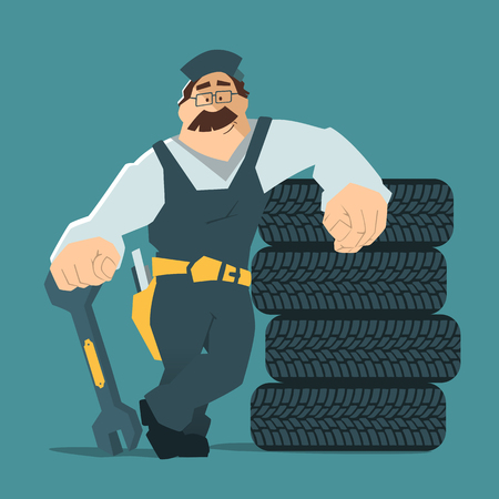 Strong smile man holding wrench and leaning on a stack of wheel. Car tire tyre service illustration.のイラスト素材