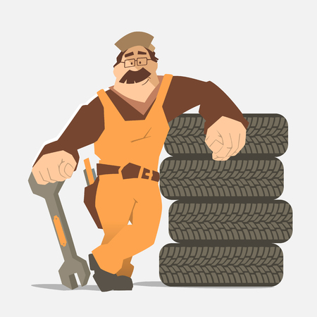 Strong smile man holding wrench and leaning on a stack of wheel. Car tire tyre service illustration.のイラスト素材