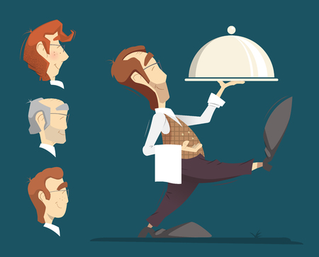 Waiter carrying an order. Color vector illustration.のイラスト素材
