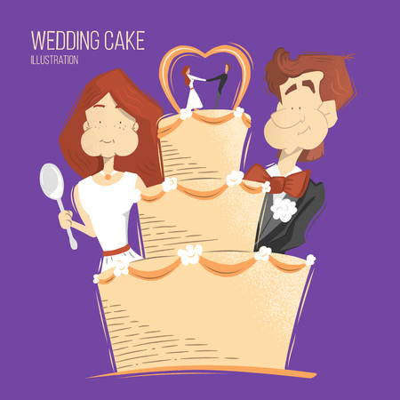 Big cream wedding cake illustration. Happy smile groom and bride woman and man eating wedding cake.のイラスト素材