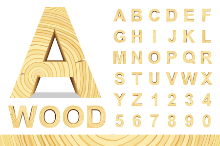 Wooden alphabet blocks with letters and numbers, vector set with all letters, for your text message, title or design. Isolated over white.