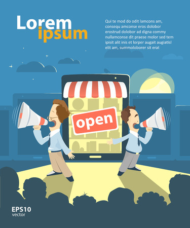 E-shop, online store, internet shop promotion advertisement presentation illustration. Grand opening.のイラスト素材