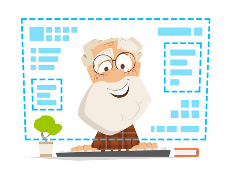 Happy smile old man sitting in front of the computer monitor Online educationのイラスト素材