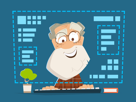 Happy smile old man sitting in front of the computer monitor Online educationのイラスト素材