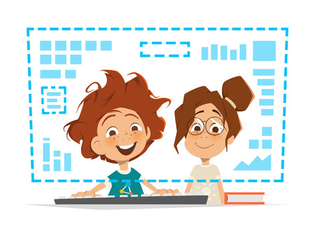 Two happy smile kids child sitting in front of the monitor Online educationのイラスト素材
