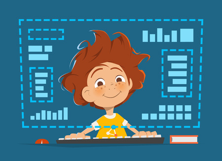 Character vector illustration of a happy smile boy kid child sitting in front of computer monitor Online educationのイラスト素材