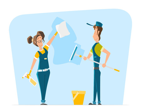 Vector character of smile woman and man in uniform cleaning big office or house windowのイラスト素材