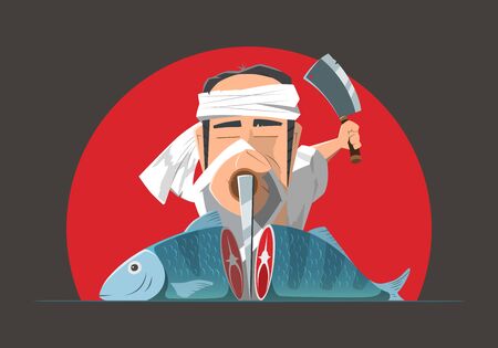 Man japanese asian cook chef cooking fish or sushi. Color vector illustration.のイラスト素材