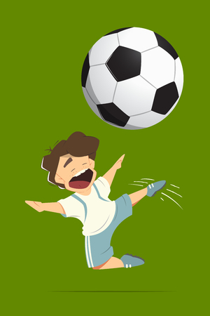 Happy soccer football player kid child boy kicking a ball while jumping in action. Color vector isolated illustration.のイラスト素材