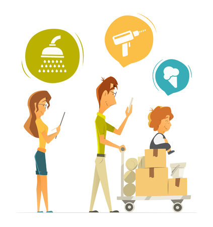 Happy family with cart, trolley buying shopping in hardware household shop store. Color vector illustration. Isolated on white background.のイラスト素材