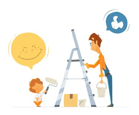 Father and son kid child boy work together. Home house flat apartment repair vector color illustration. Isolated on white background.のイラスト素材