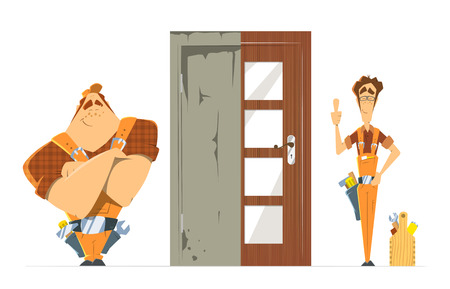 Door installation repair unlock service. Old new door before and after concept. Two man locksmith. Color vector illustration.のイラスト素材