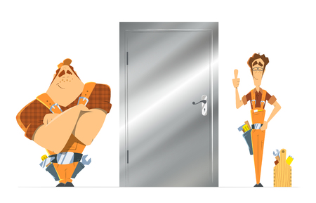 Steel metal safe door installation repair unlock service. Two man locksmith. Color vector illustration.のイラスト素材