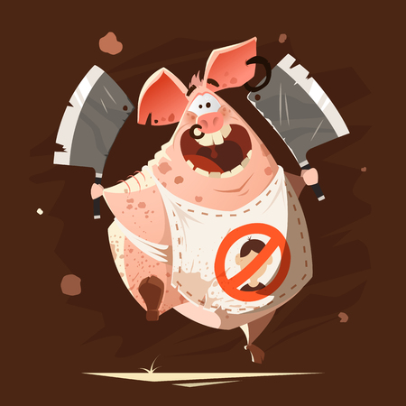 Color vector character illustration of crazy big fat pig running with two axes t-shirt cool creative printのイラスト素材