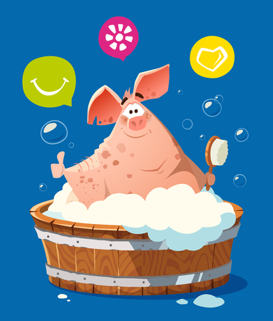 Color vector character illustration of happy smile pig in bath bathtub washingのイラスト素材