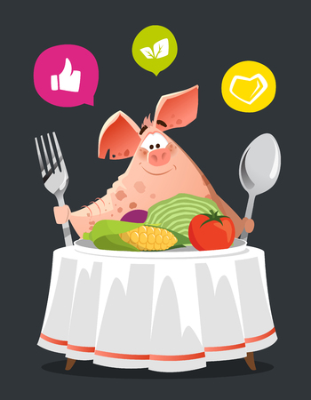 Happy smile pig sit at the table
with big plate of vegetables. Diet conceptのイラスト素材
