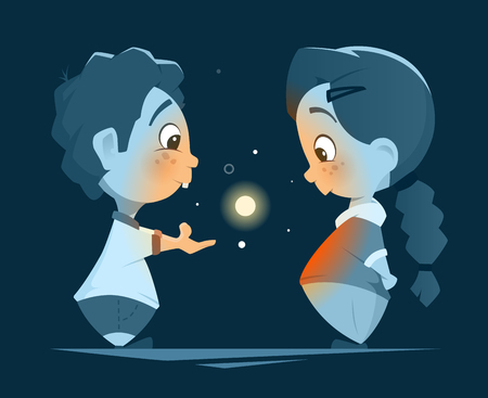 Vector character design illustration of two little kids boy and girl looking at magic lightのイラスト素材