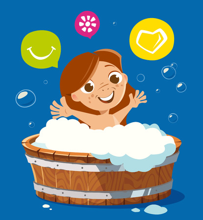 Happy smile kid washing in bath bathtubのイラスト素材