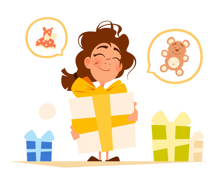 Happy smile cute little girl and big gift boxのイラスト素材