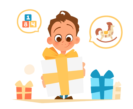 Color vector illustration of happy boy holding big gift box illustration.のイラスト素材