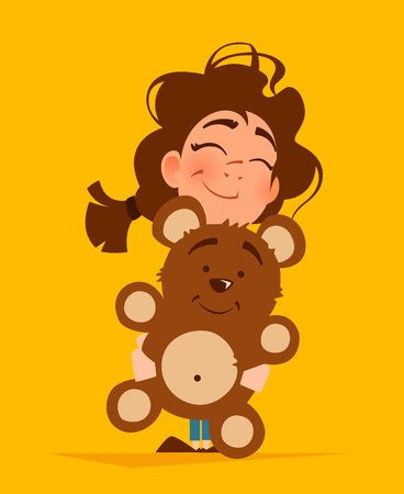 Color vector illustration of cute girl hugging teddy bear illustration.のイラスト素材