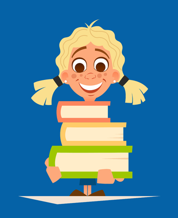 Color vector illustration of happy smile little girl schoolgirl holding pile of books illustration.のイラスト素材
