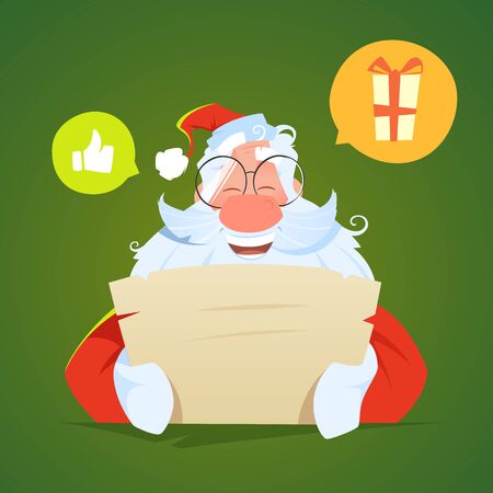 Happy smile santa claus reading a letter and laughsの写真素材
