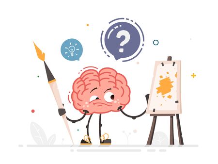 Vector Brain character with big art brush standing near easel making artのイラスト素材