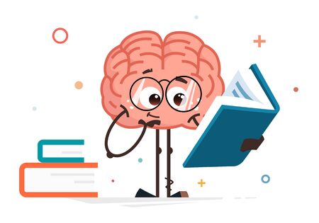 Cute smart brain color vector character reading big book and thinkingのイラスト素材